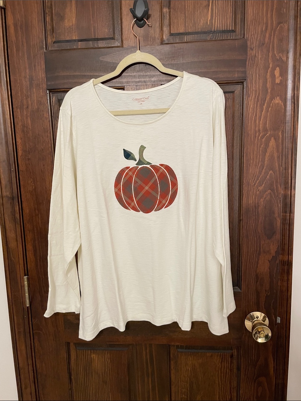 Coldwater Creek Cream Long-Sleeve Tee with Plaid Pumpkin
